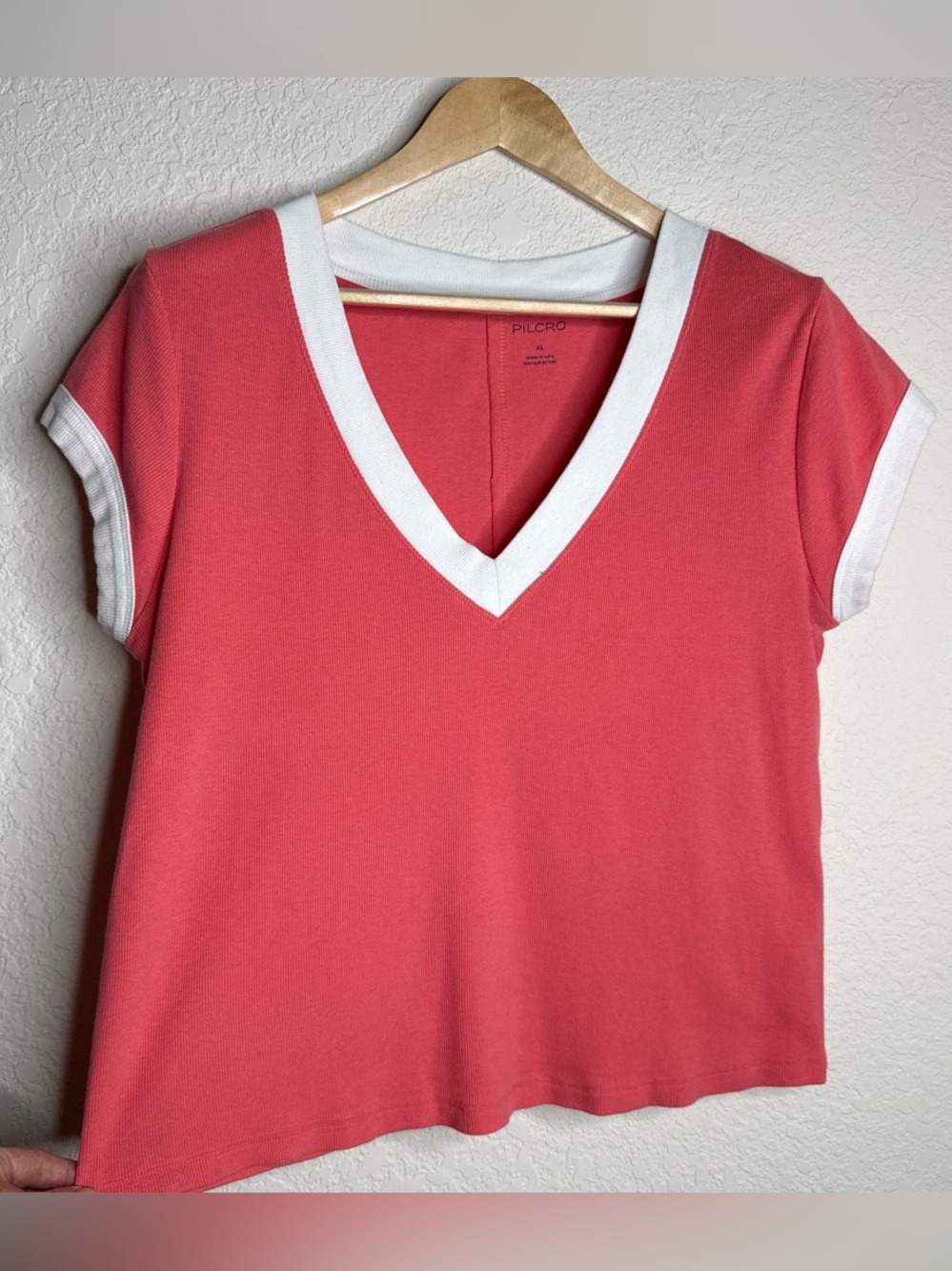 Pilcro Anthropologie Coral Ringer Top XL Ribbed V-Neck Cap Sleeve Retro